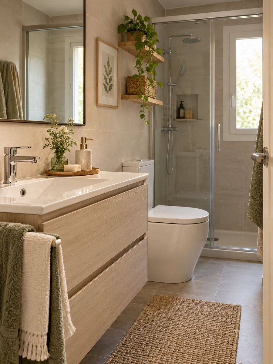 Baño pequeño actualizado con espejo, toallas y accesorios sin cambiar los revestimientos.