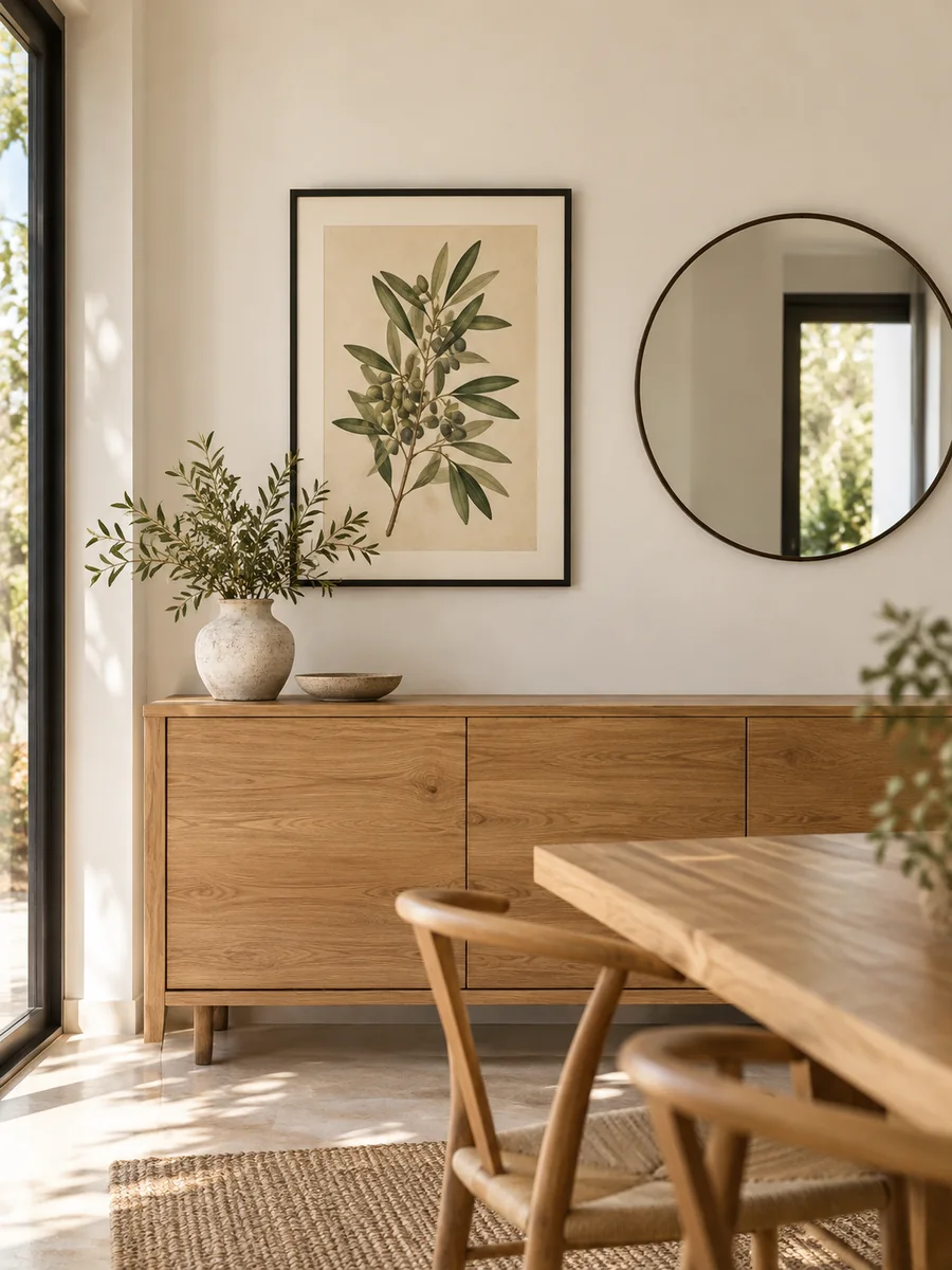 Pared de comedor decorada con cuadro botánico y espejo redondo