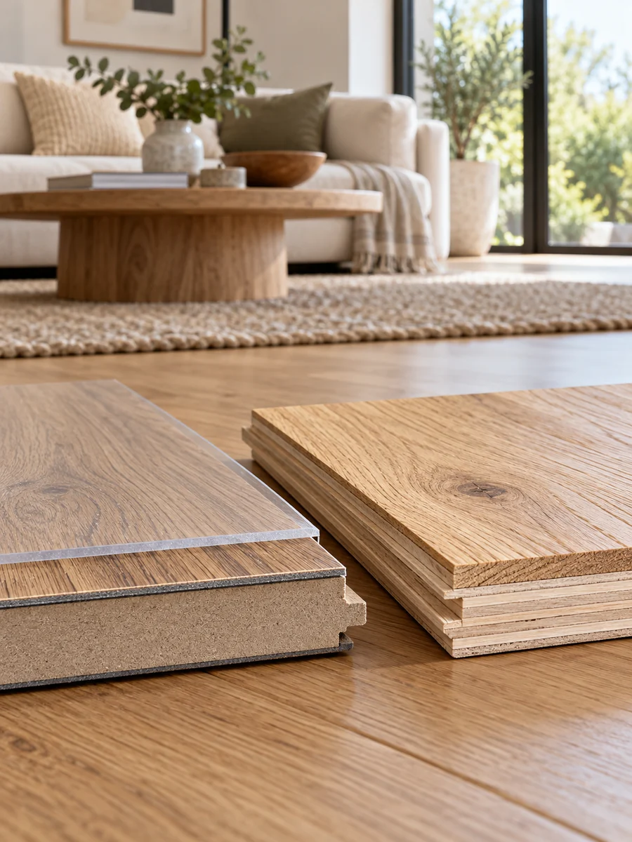Capas del suelo laminado y la tarima de madera Corte de un suelo laminado junto a una tarima multicapa de roble para mostrar sus capas