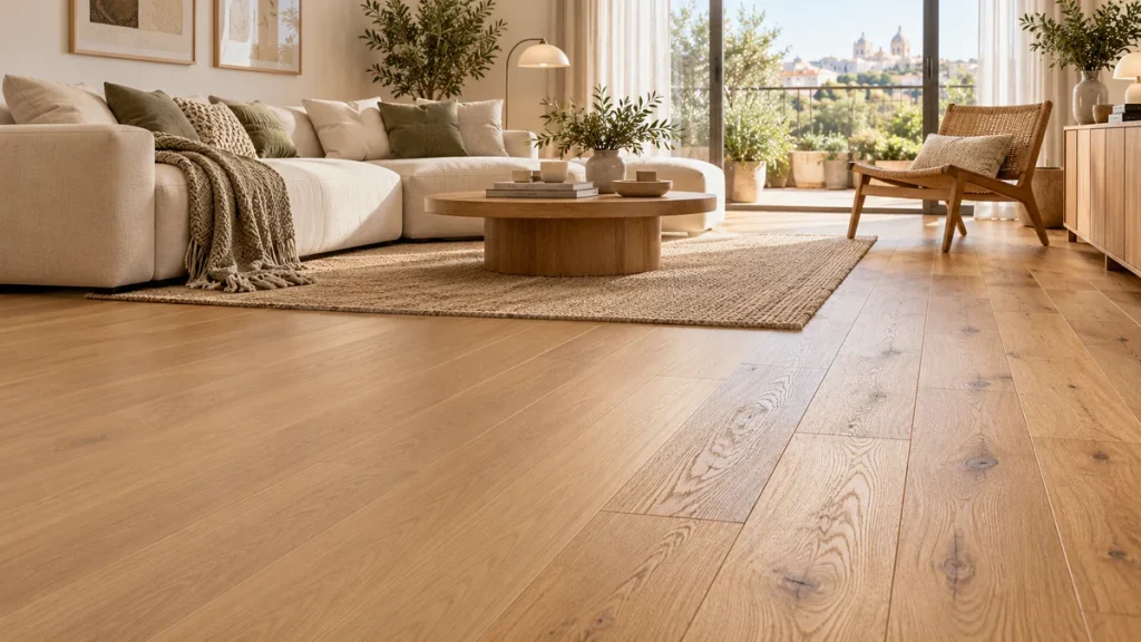 Salón luminoso con suelo laminado y tarima flotante en tonos de roble