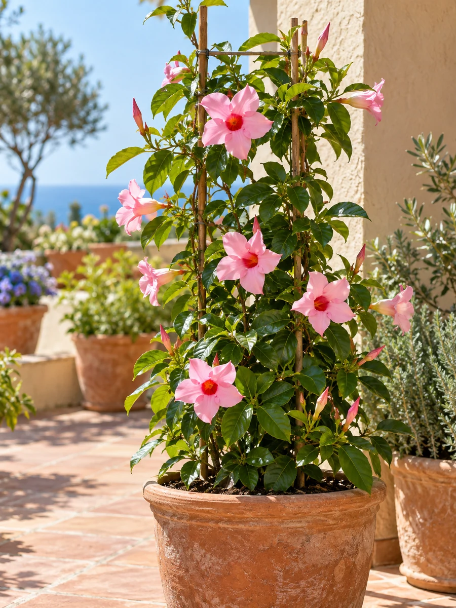 Dipladenia rosa trepadora en una terraza soleada