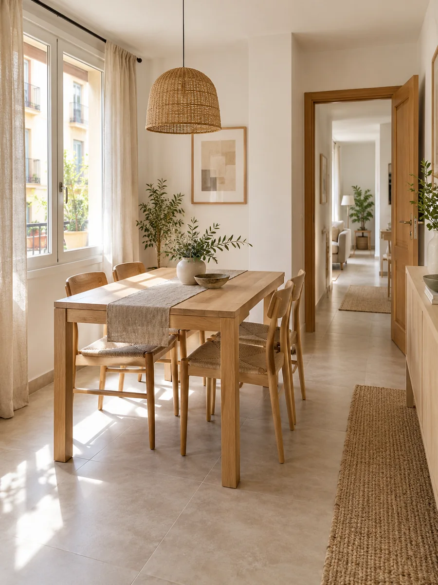Comedor con mesa de madera y sillas dispuestas dejando libre el paso