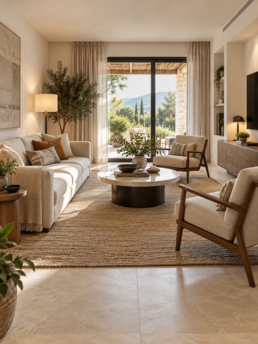 Distribución de salón moderno con sofá, butacas y mesa de centro