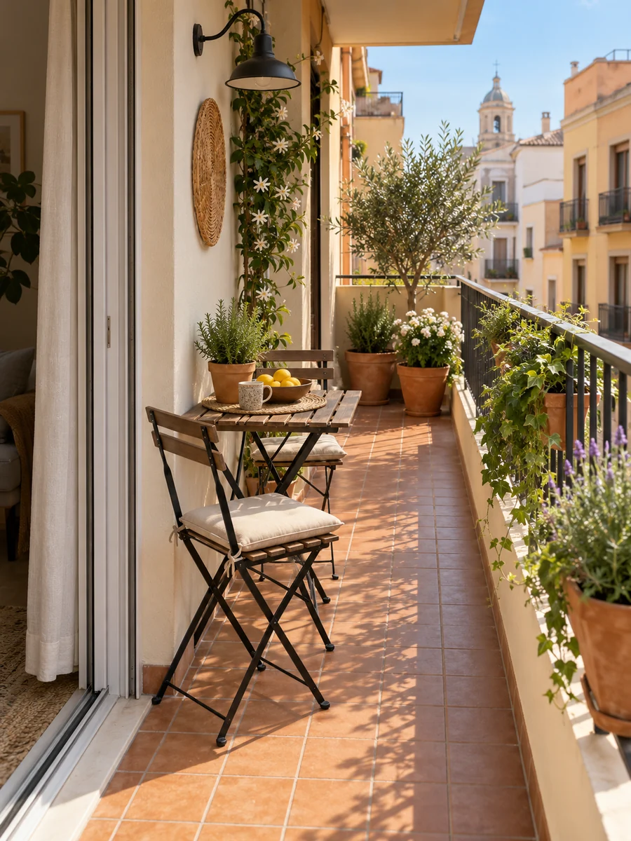 Terraza estrecha con mesa plegable y sillas compactas junto a la pared