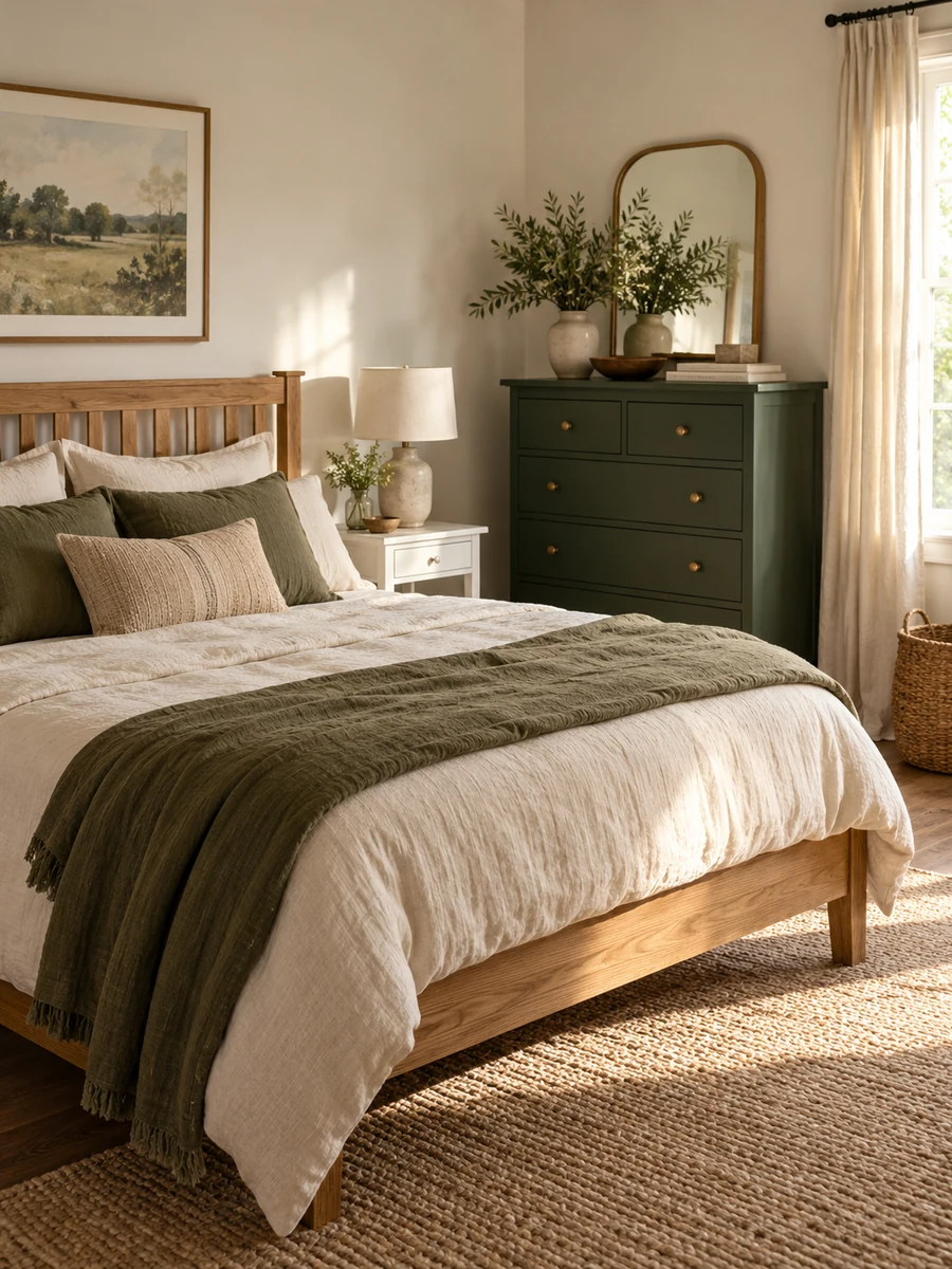 Dormitorio con cama de madera, mesilla blanca y cómoda verde oscura
