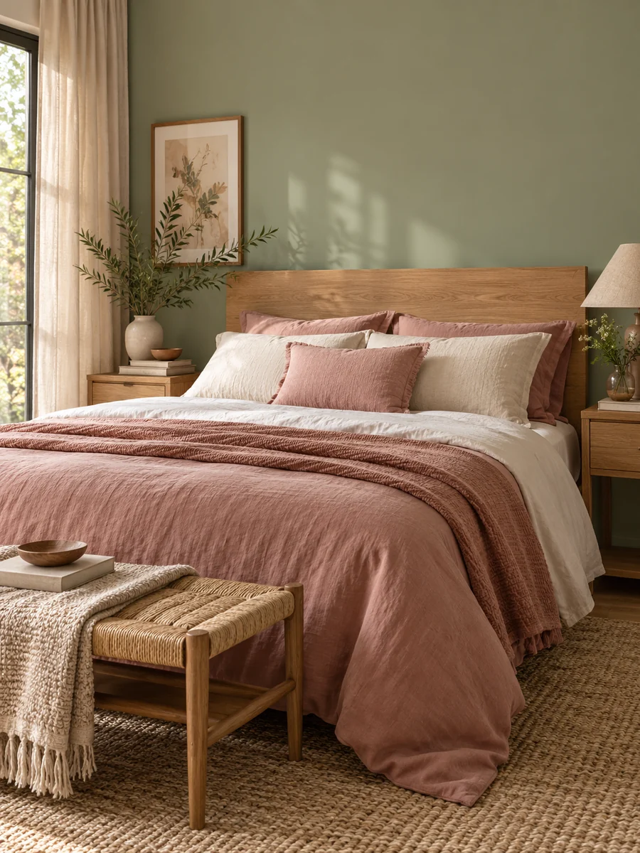 Dormitorio con ropa de cama rosa empolvado, pared verde salvia y cabecero de madera clara.