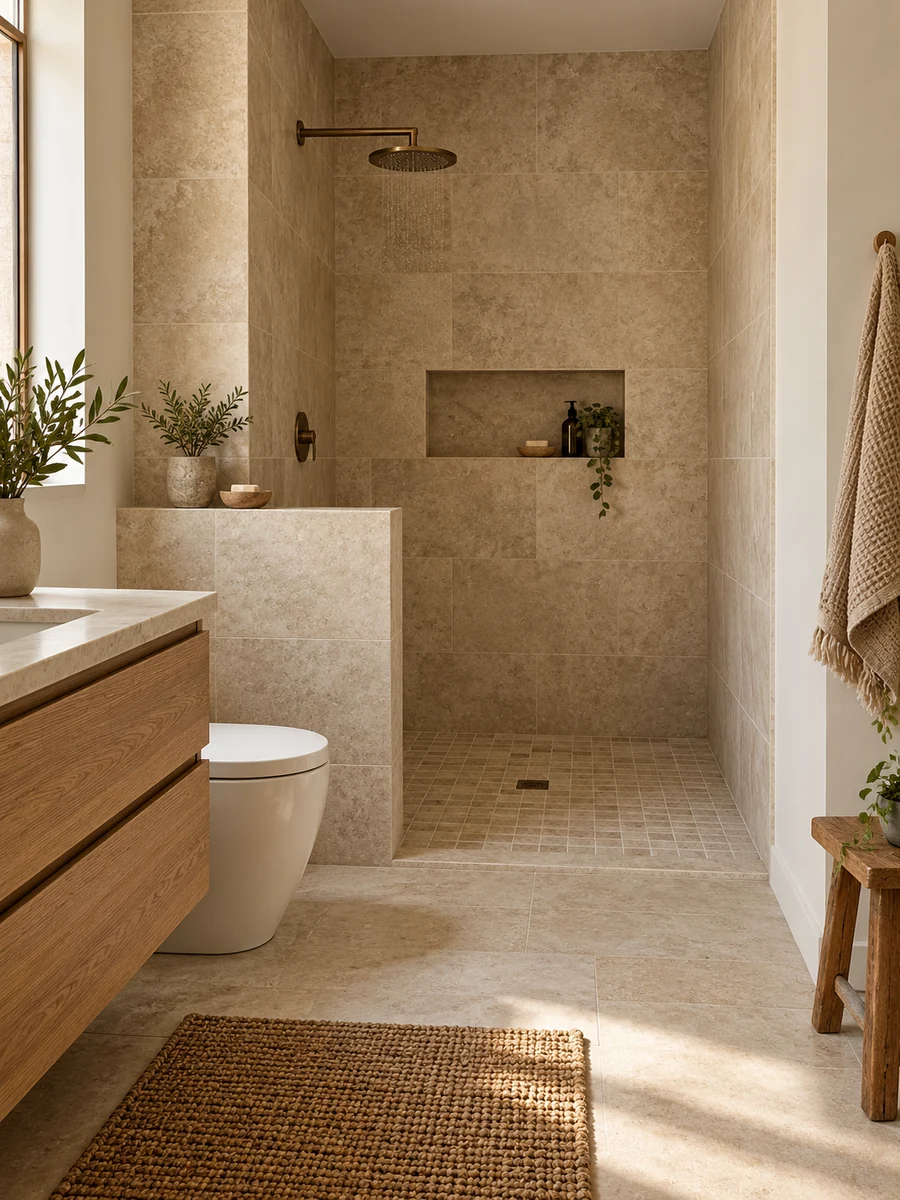 Baño compacto con ducha abierta, sin paño de cristal, delimitada por un murete de obra.