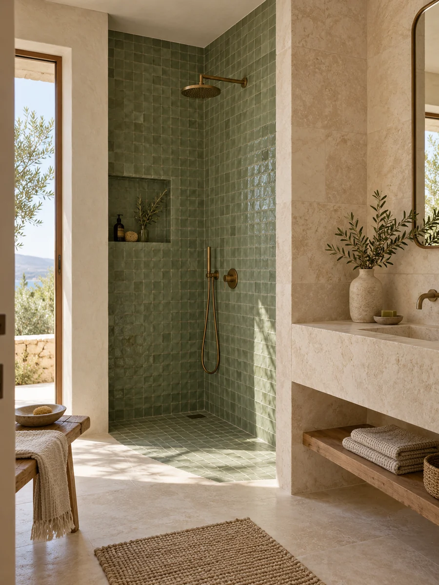 Ducha abierta delimitada con azulejos verdes y revestimiento de piedra clara.