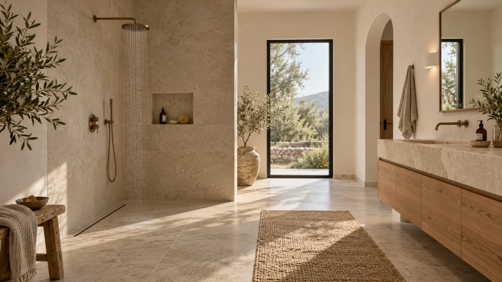 Ducha abierta sin mampara en un baño de piedra natural, con rociador de techo y luz natural