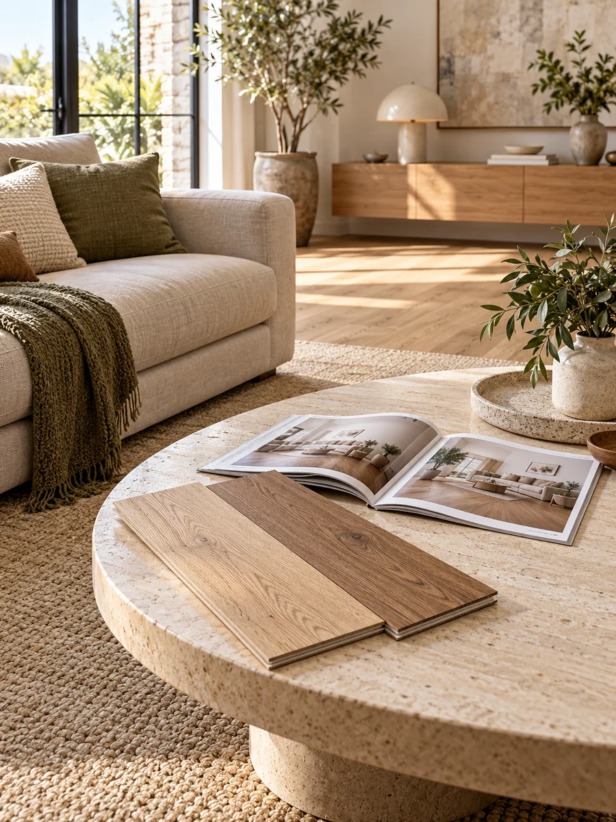 Muestras para elegir el pavimento del salón Muestras de suelo laminado y tarima de madera sobre una mesa en un salón luminoso