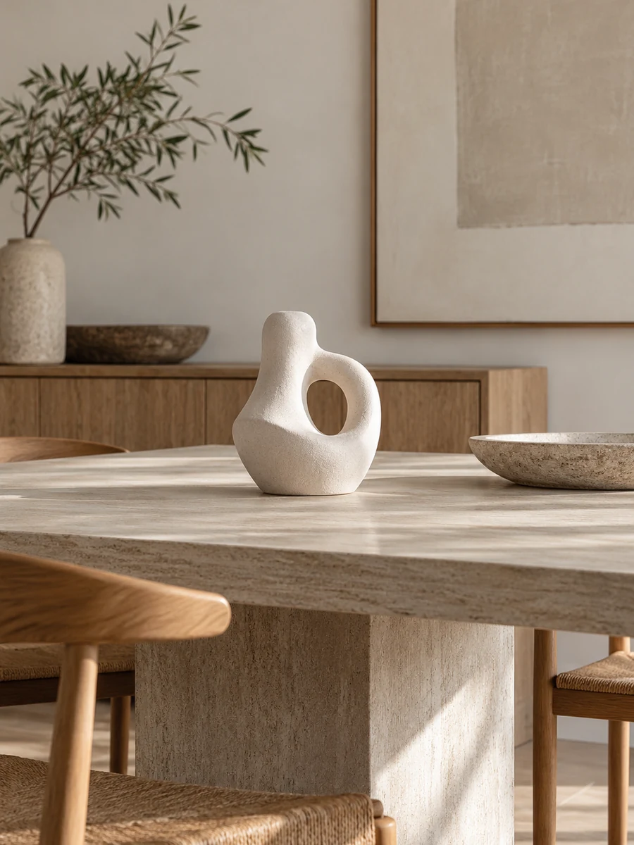 Escultura cerámica blanca como centro de mesa de comedor