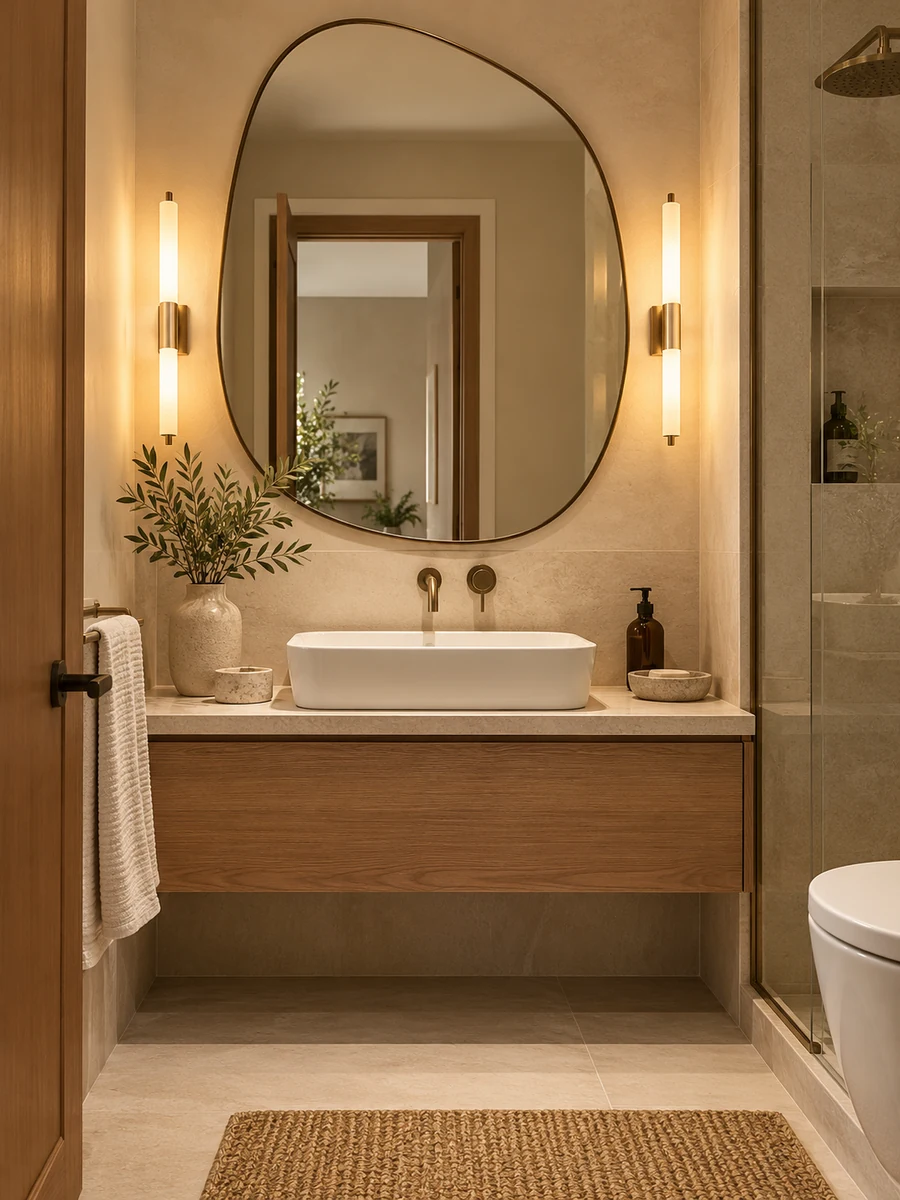 Espejo amplio con dos apliques cálidos sobre el lavabo de un baño pequeño.