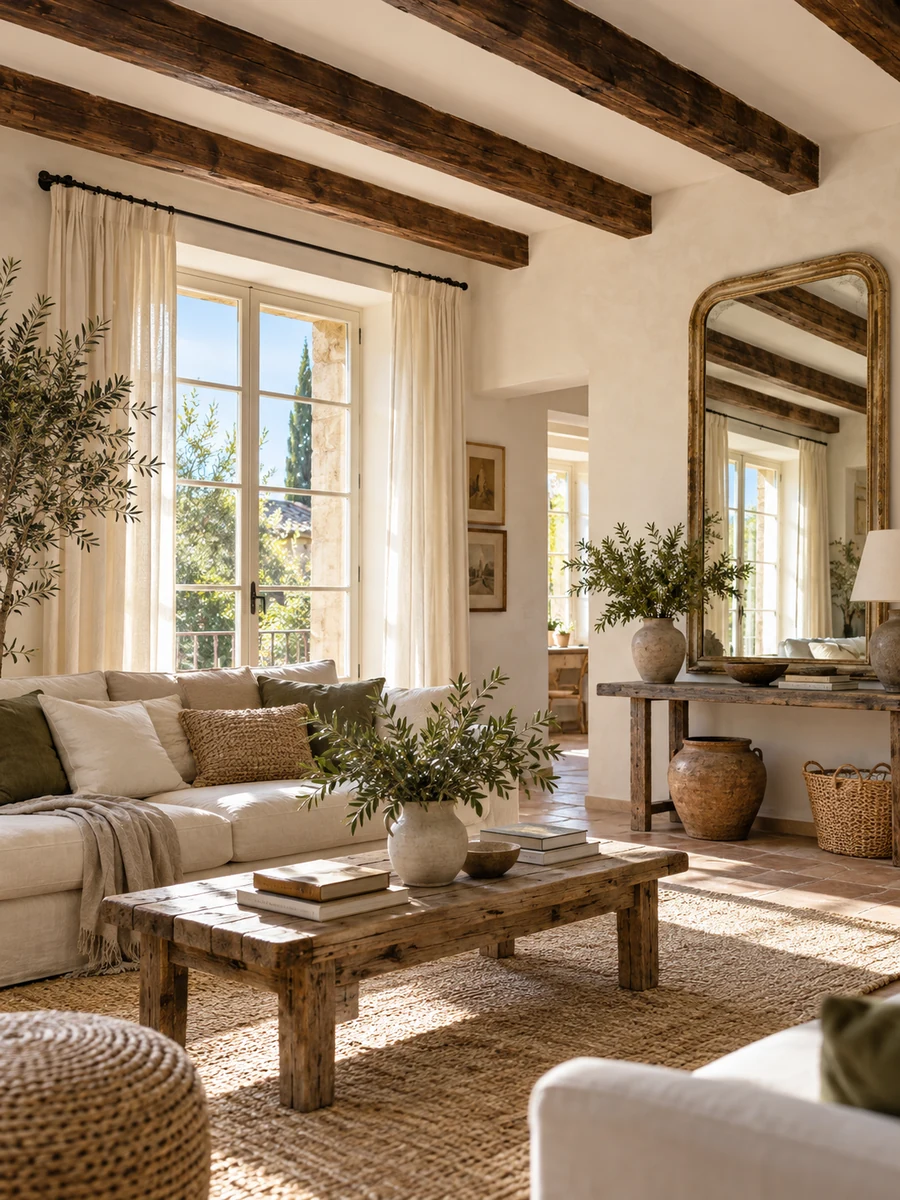 Salón luminoso con vigas de madera, cortinas claras y espejo que refleja la luz natural