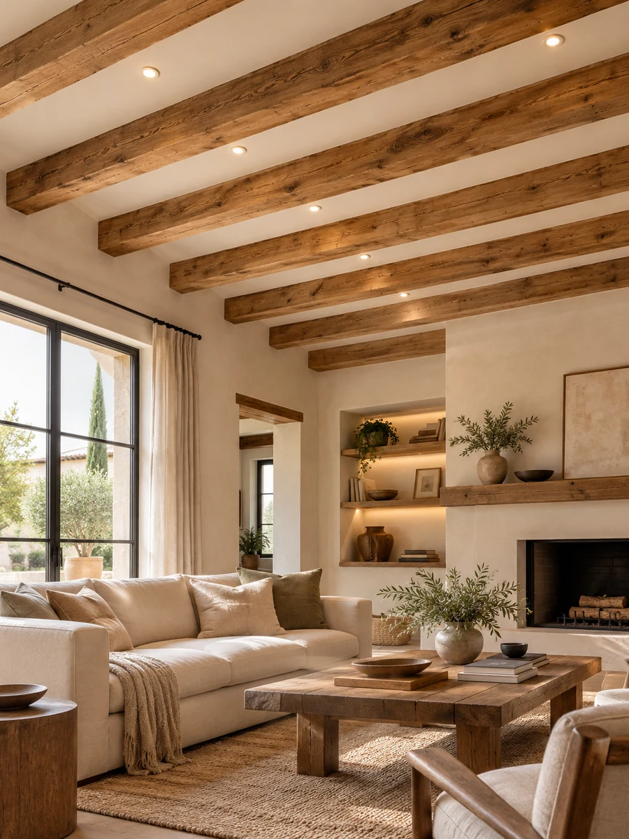 Salón con vigas de madera y focos empotrados instalados entre las vigas