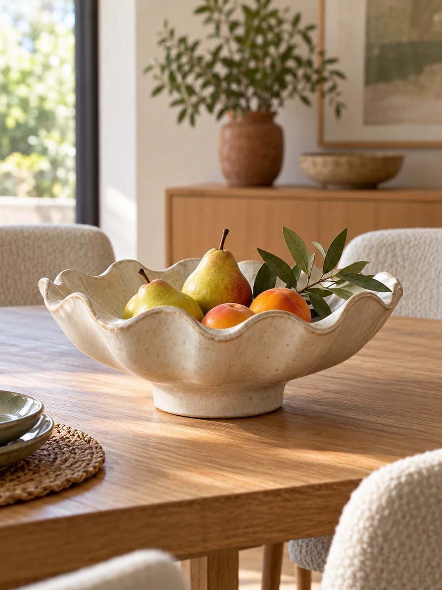 Frutero cerámico con frutas de temporada en una mesa de comedor