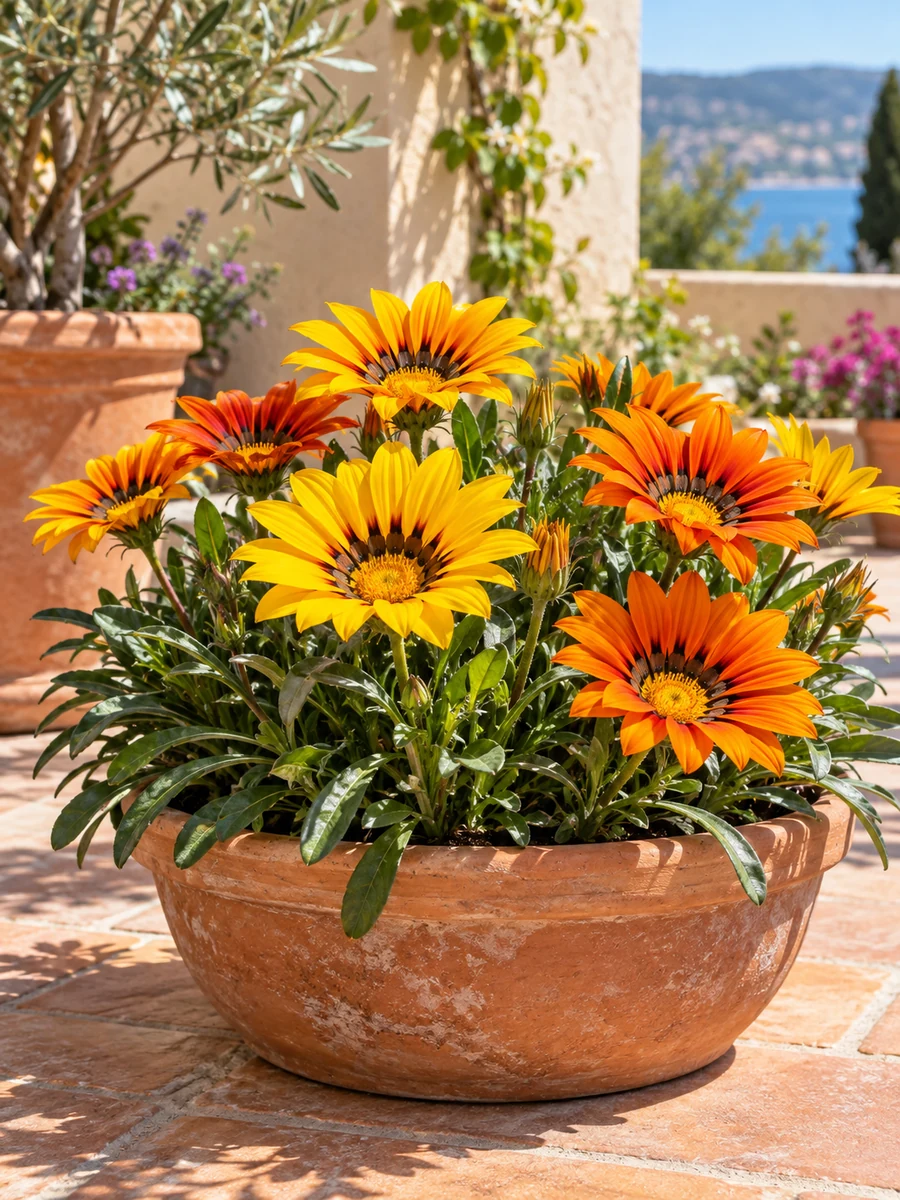Gazania de flores amarillas y naranjas a pleno sol
