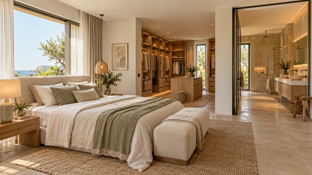 Habitación principal con vestidor y baño en suite decorada en tonos neutros