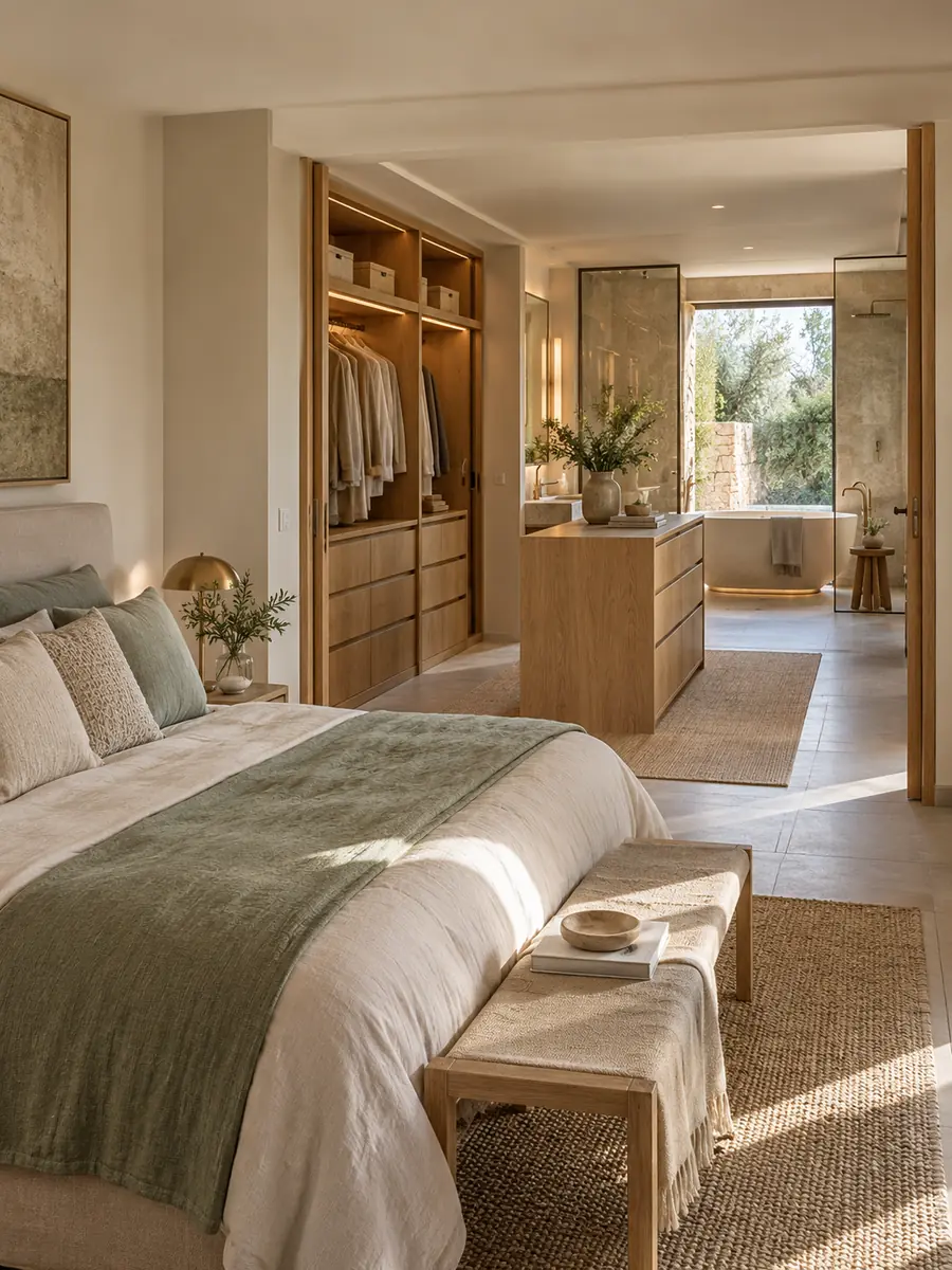 Habitación con vestidor entre el dormitorio y el baño
