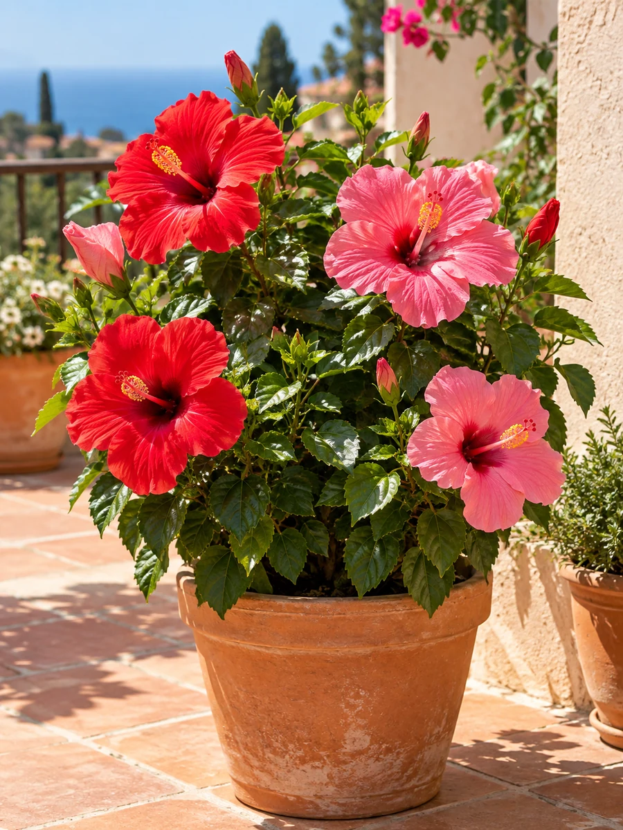 Hibisco de flores grandes en una maceta al sol