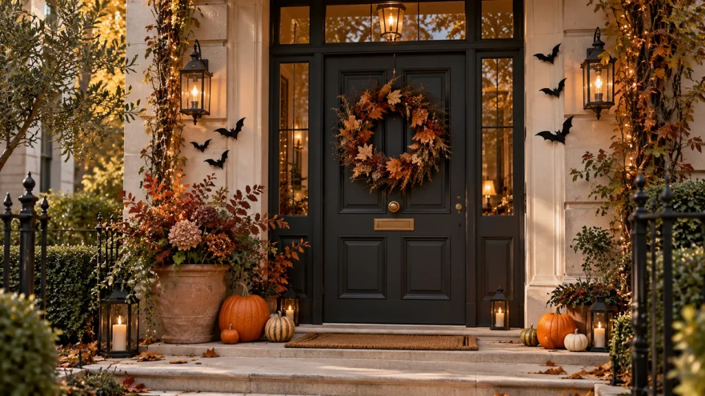 Puerta de entrada decorada con corona otoñal, calabazas y luces cálidas para Halloween