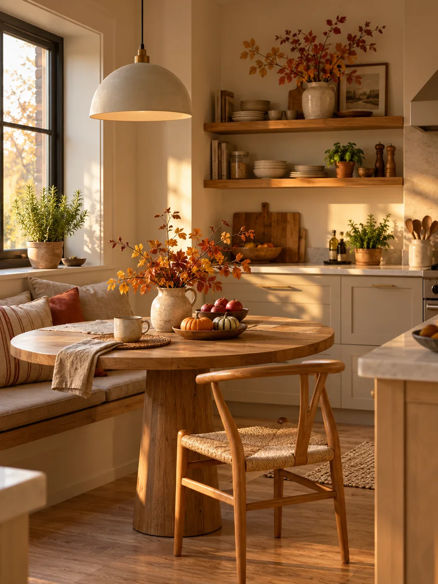 Lámpara colgante de luz cálida sobre una mesa de cocina con detalles otoñales.