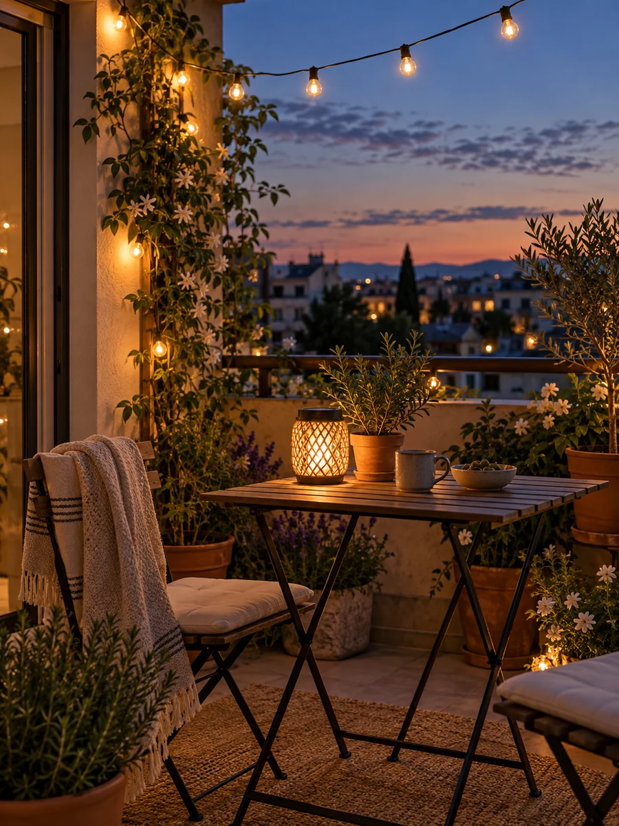 Terraza iluminada con guirnalda cálida y farol al anochecer
