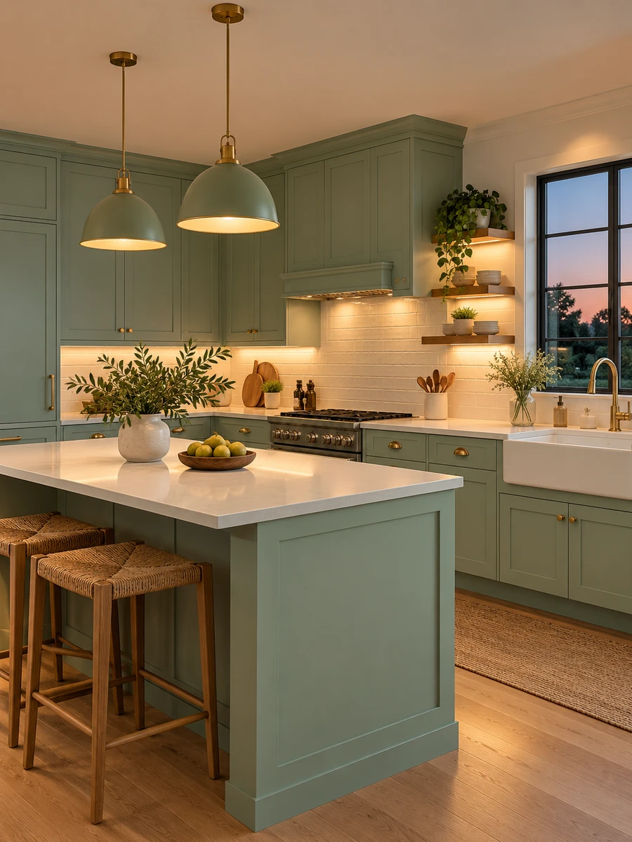 Cocina verde agua y blanco iluminada con lámparas colgantes y luz LED bajo los muebles