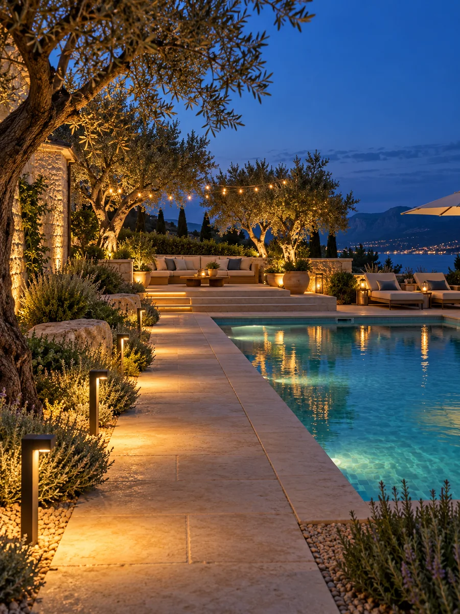 Luces cálidas bajas iluminan el camino y el entorno de la piscina al anochecer