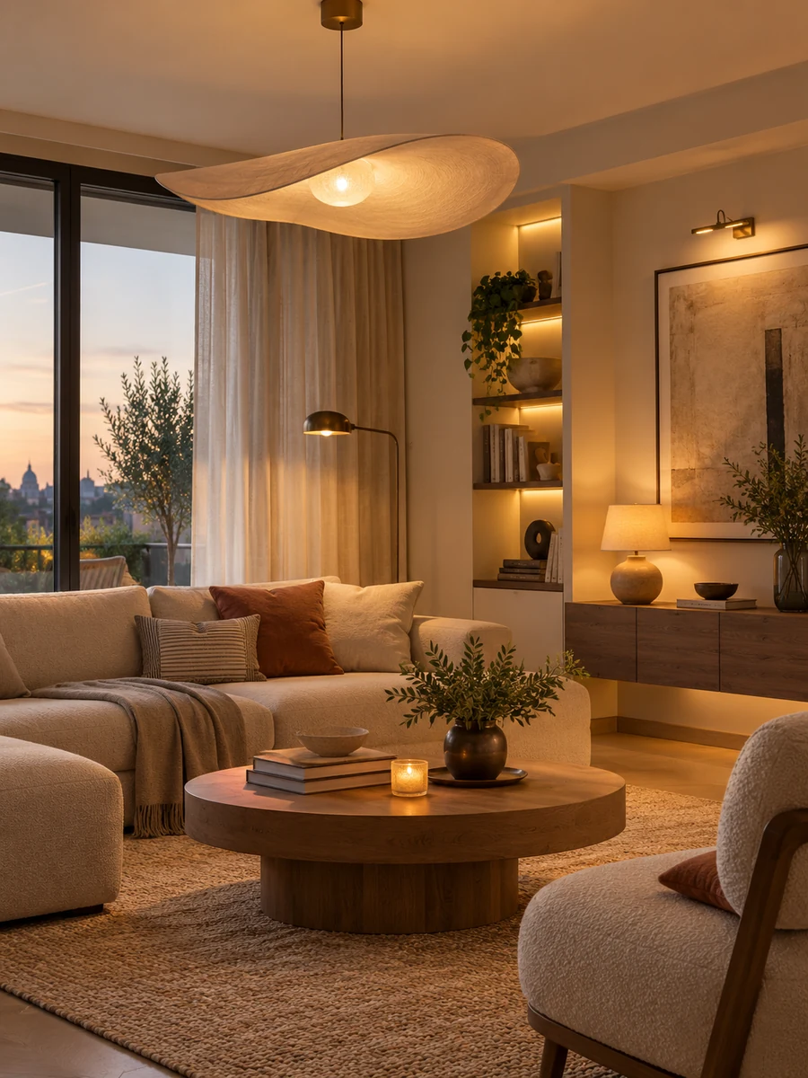 Iluminación por capas en un salón moderno con lámparas cálidas