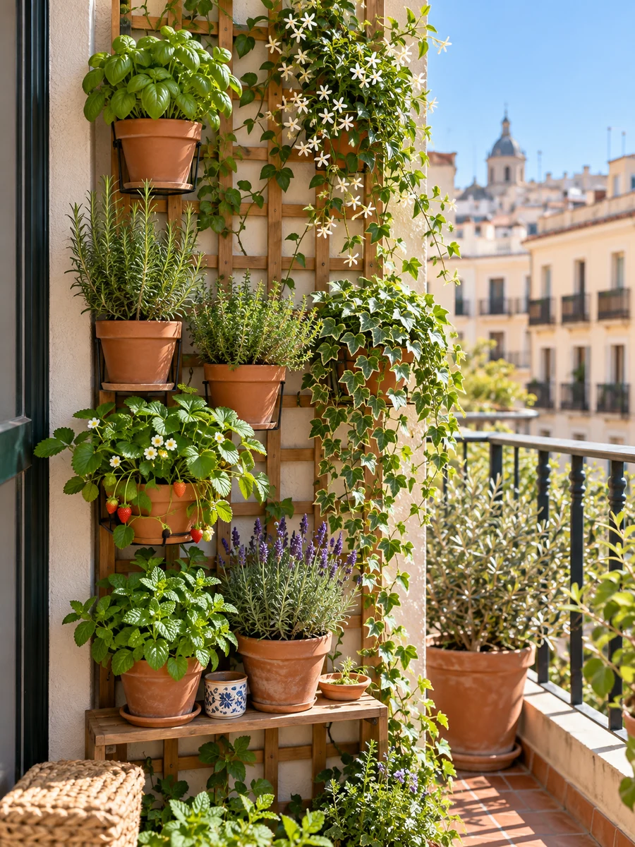 Jardín vertical con macetas de hierbas y plantas en una terraza