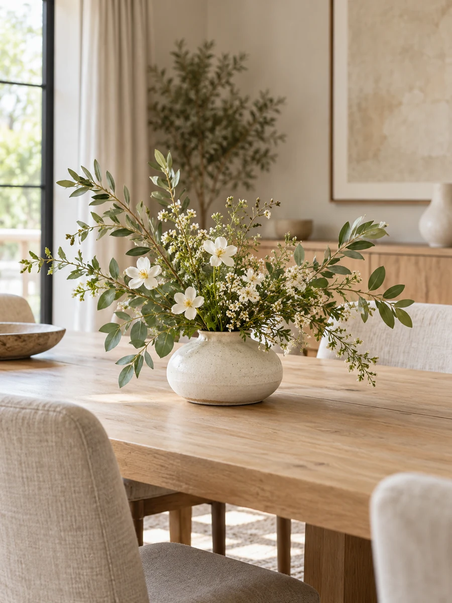Jarrón cerámico con ramas y flores sobre una mesa de comedor