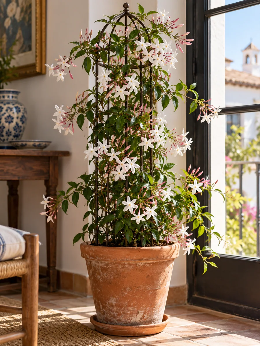 Jazmín de China en flor Jazmín de China con flores blancas y capullos rosados trepando por un soporte interior.