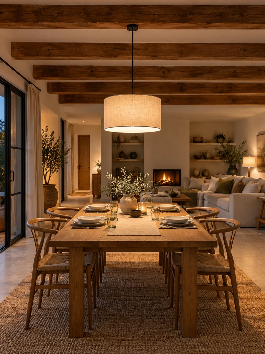 Lámpara colgante sobre la mesa de comedor bajo vigas de madera
