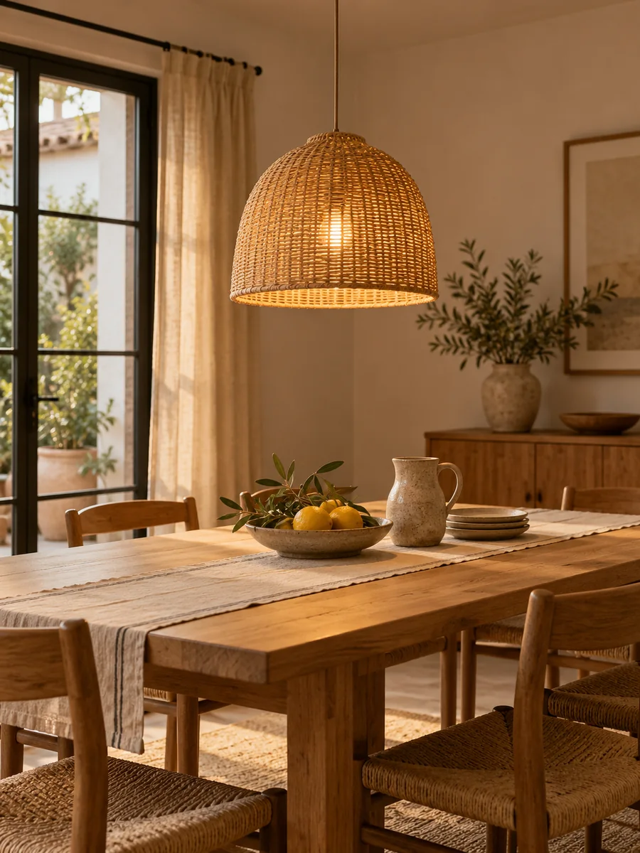 Lámpara colgante de fibras naturales sobre una mesa de comedor