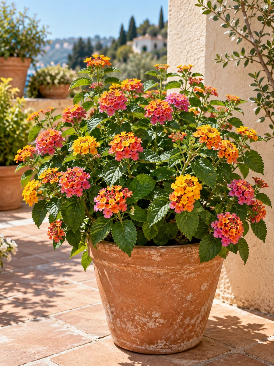 Lantana con ramilletes de flores amarillas y rosas al sol