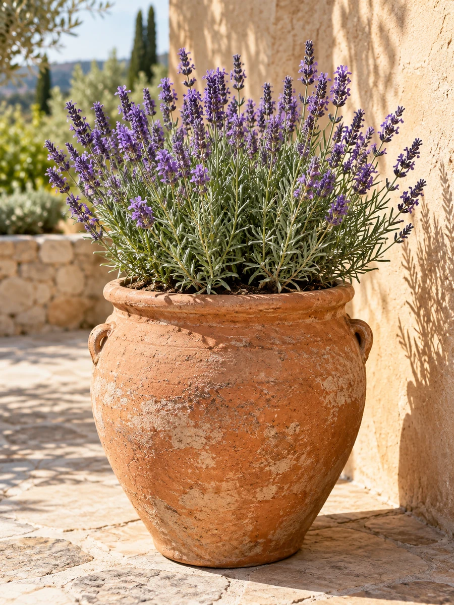 Lavanda florecida en una tinaja de barro al sol