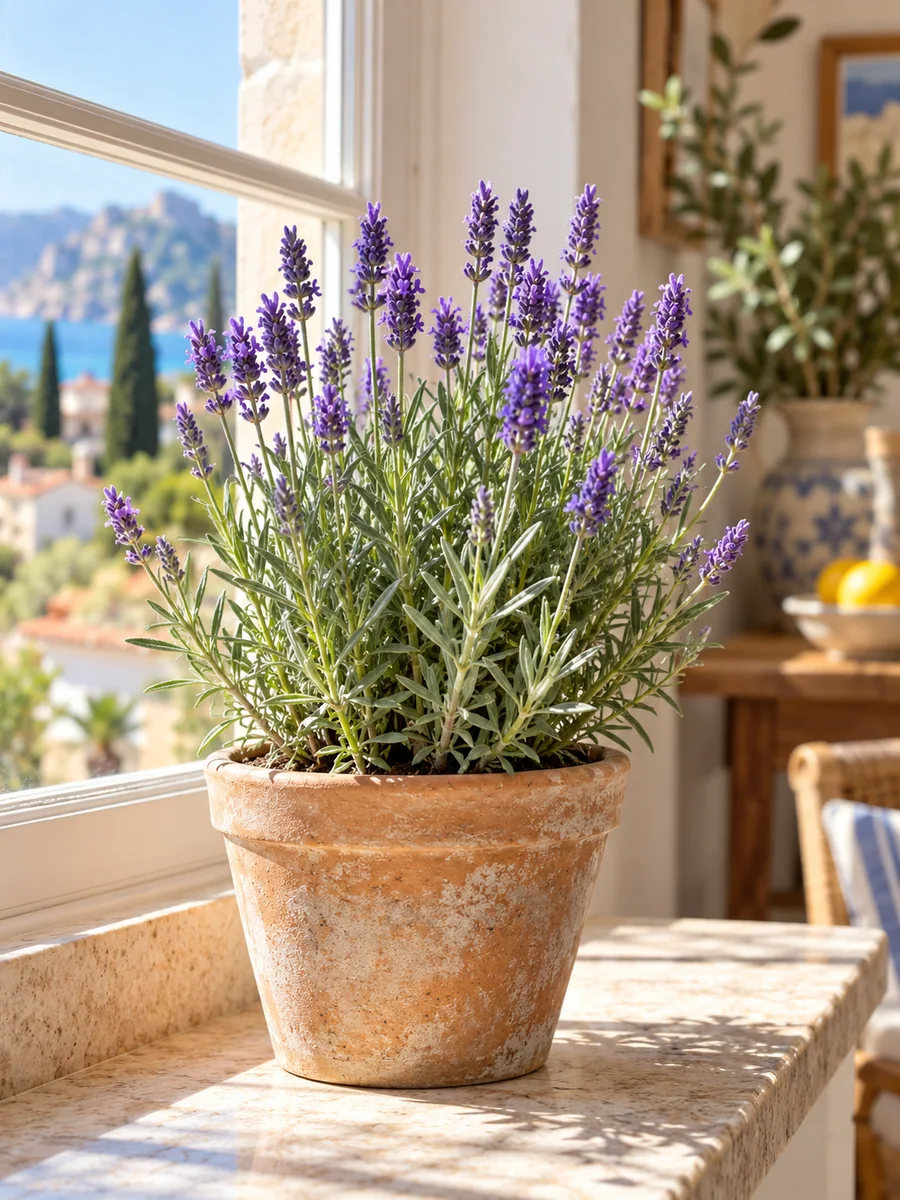Lavanda en maceta junto a una ventana soleada Lavanda en una maceta de terracota sobre un alféizar soleado con flores violetas.