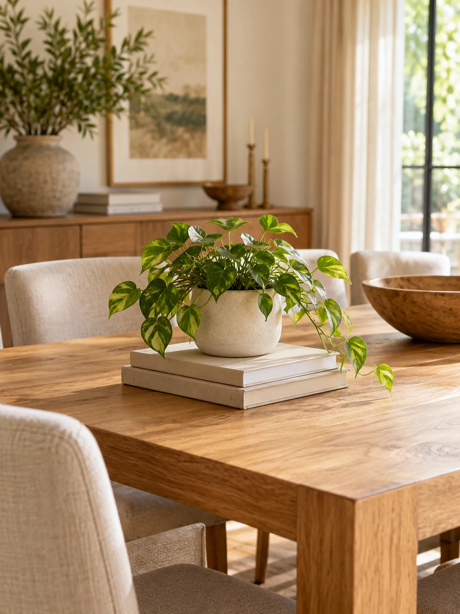 Libros y planta pequeña decorando una mesa de comedor