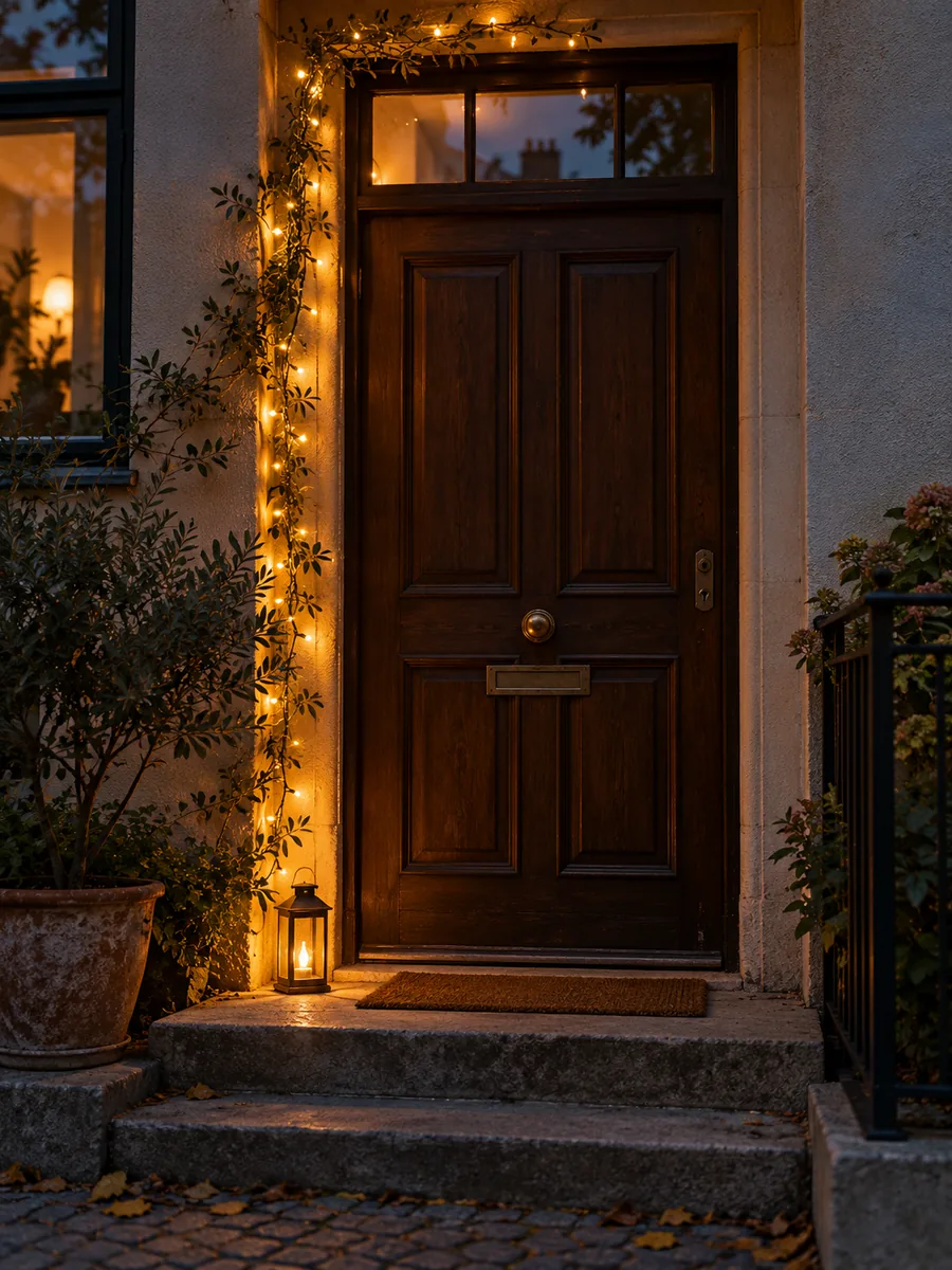 Guirnalda de luces cálidas alrededor de una puerta decorada para Halloween