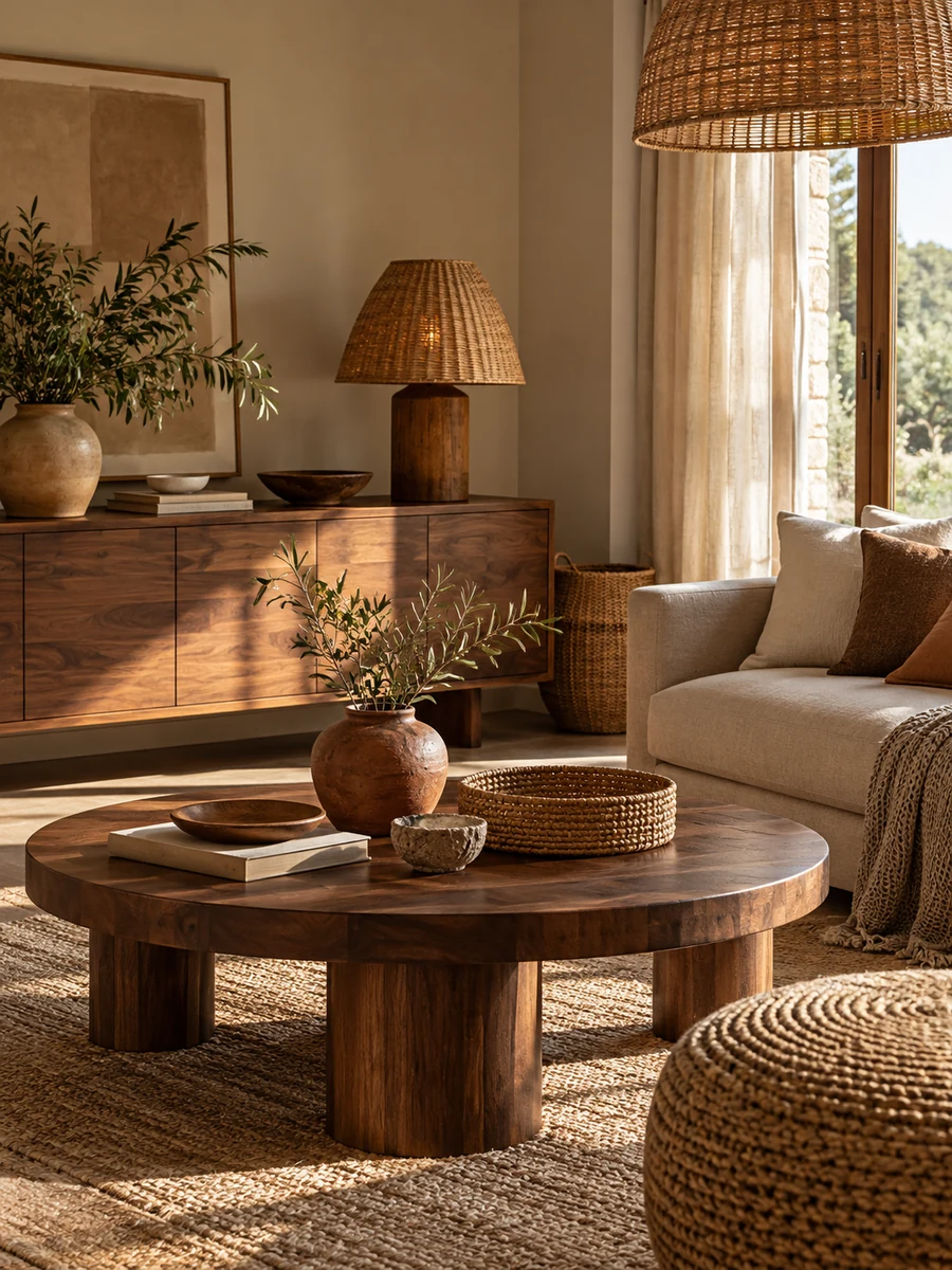 Decoración de salón con madera, fibras naturales y cerámica