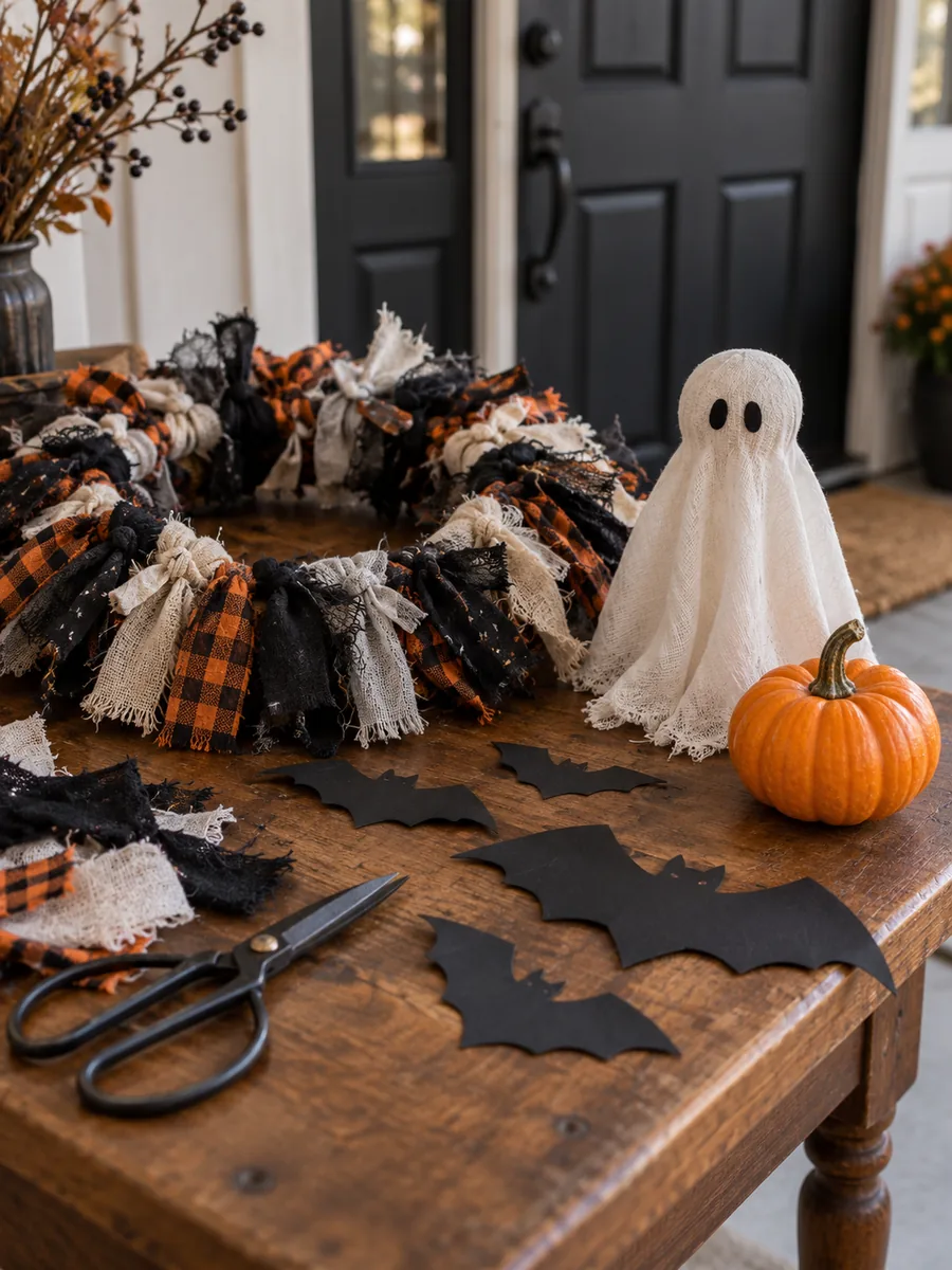Materiales para hacer adornos de Halloween para la puerta: cartulina, tela y calabaza