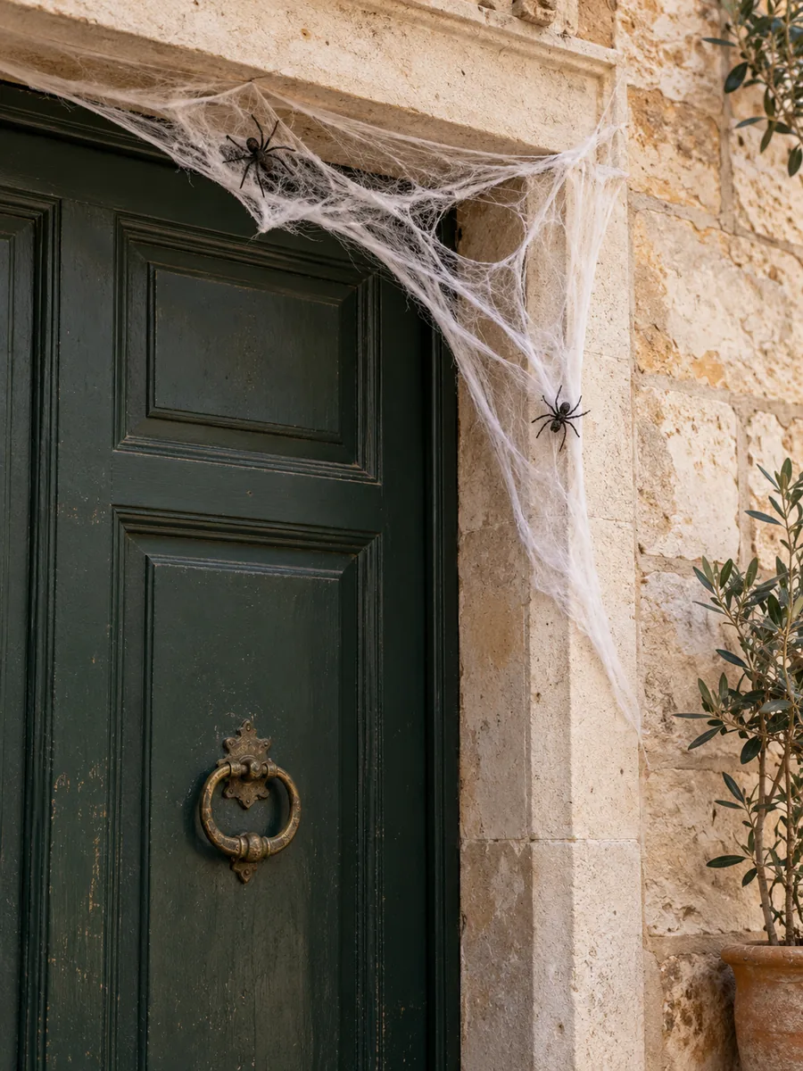 Telaraña decorativa con arañas sobre el marco de una puerta de entrada