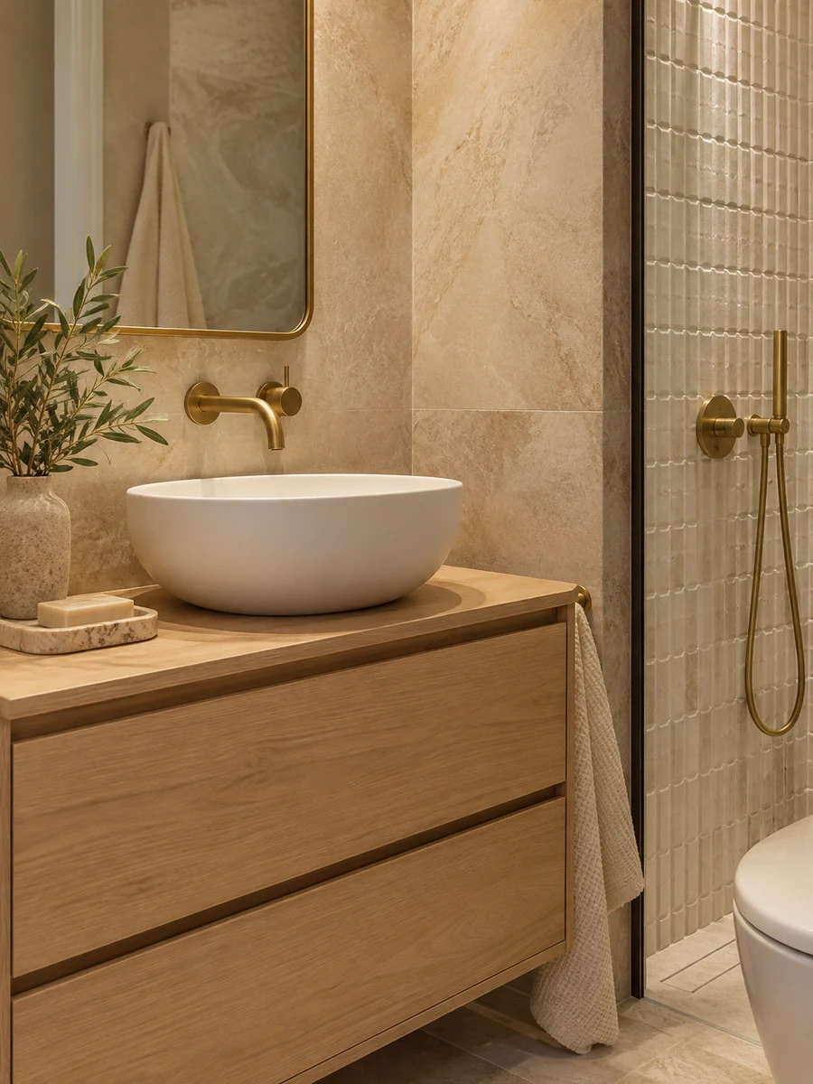 Detalle de lavabo de madera y piedra con grifería de latón en baño pequeño.