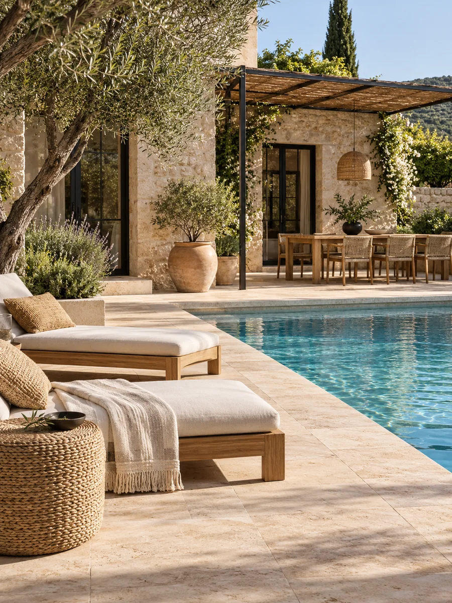 Pavimento de piedra, muebles de madera y fibras naturales alrededor de la piscina