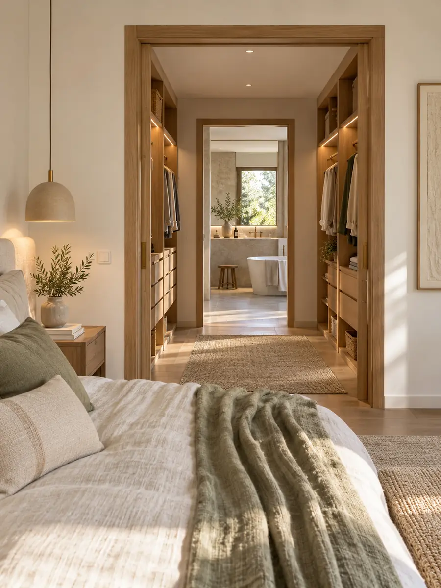 Suite con dormitorio, vestidor y baño en madera, piedra y verde salvia