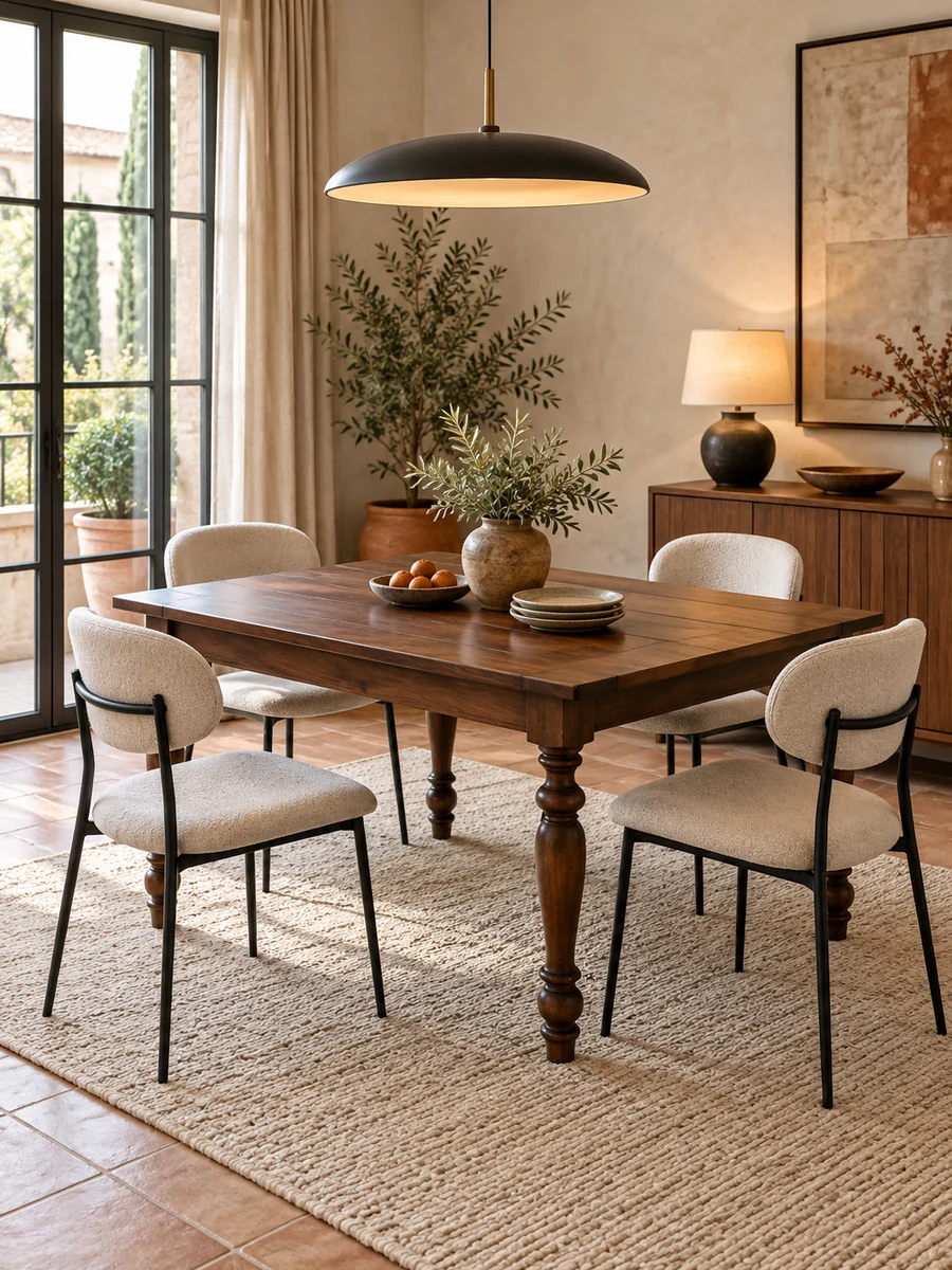 Mesa clásica con sillas modernas y lámpara contemporánea en el comedor