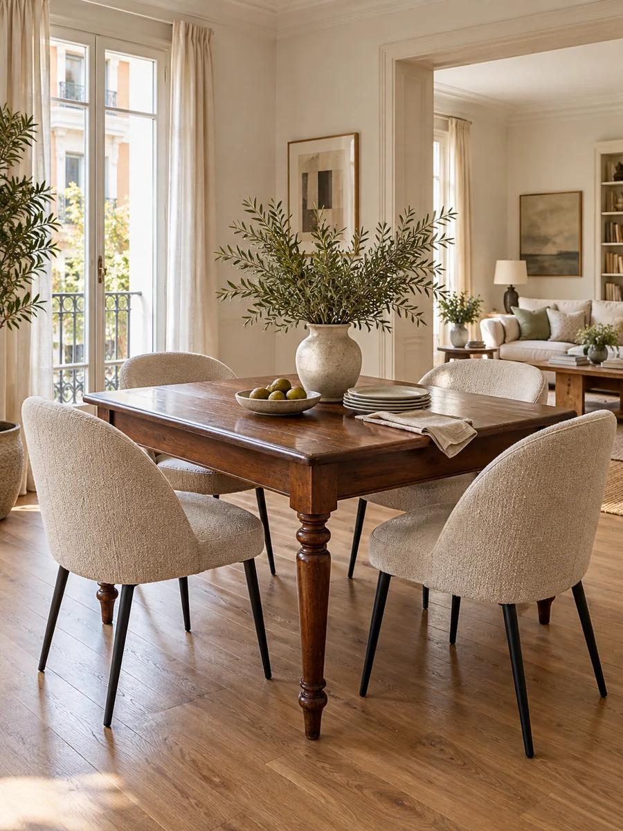 Mesa clásica con sillas modernas tapizadas en beige en un comedor luminoso