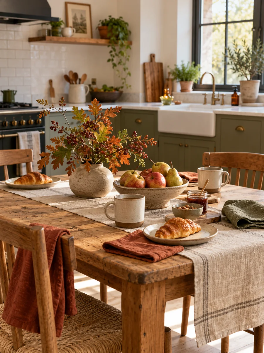 Mesa de madera con tazas, fruta, servilletas de lino y tonos cálidos para el otoño.