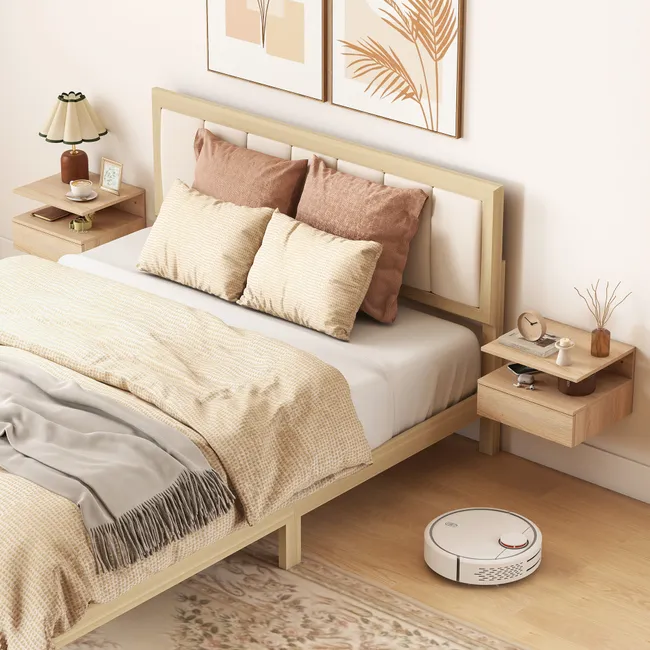 Mesitas flotantes ComfortXL efecto roble junto a la cama Dos mesitas flotantes efecto roble con cajón y estante junto a una cama