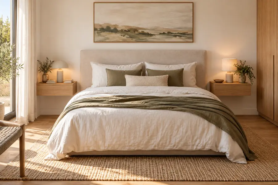 Dormitorio acogedor con dos mesitas de noche flotantes de madera junto a la cama
